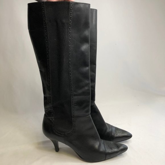 Audrey Brooke Black Leather Boots Heels - Picture 2 of 7